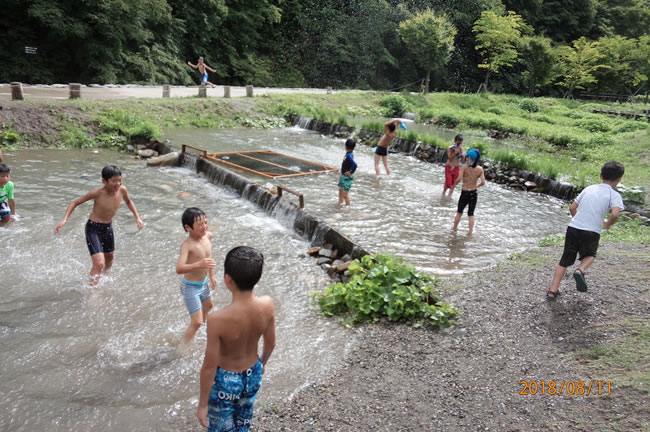 昨夜の大雨で川には入れなかったので、みんなで水遊び。